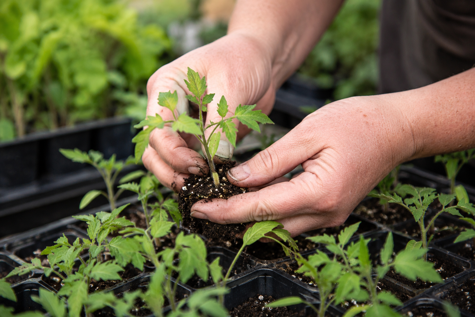 Hands lifting a tomato seedling from a nursery tray at an outdoor plant sale in Missoula