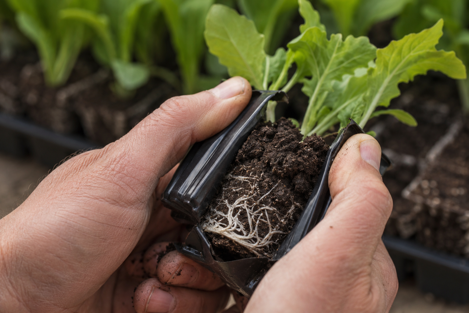 Hands holding a nursery cell pack squeezed open to show healthy white roots on a vegetable seedling