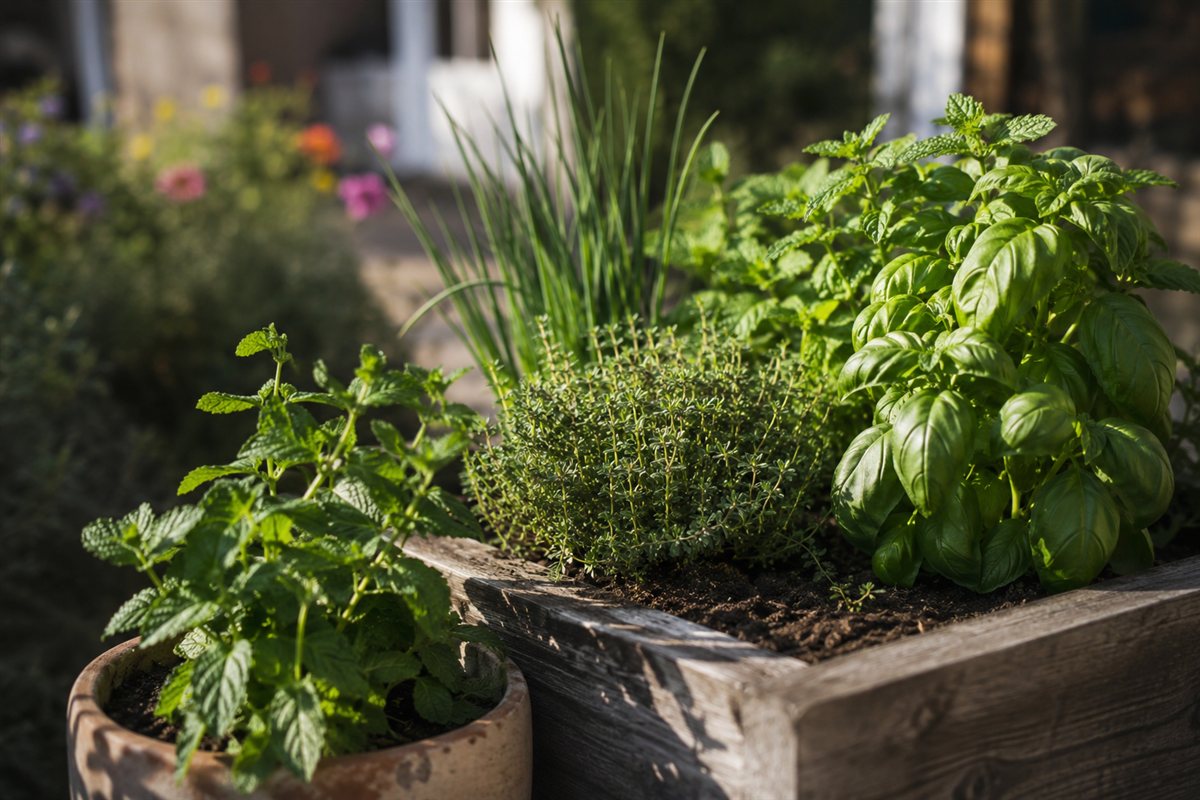 Fresh herbs growing in a Missoula backyard garden