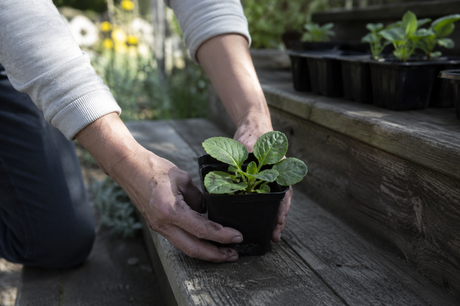 Person placing a potted vegetable seedling on wooden steps outdoors to harden off in spring light