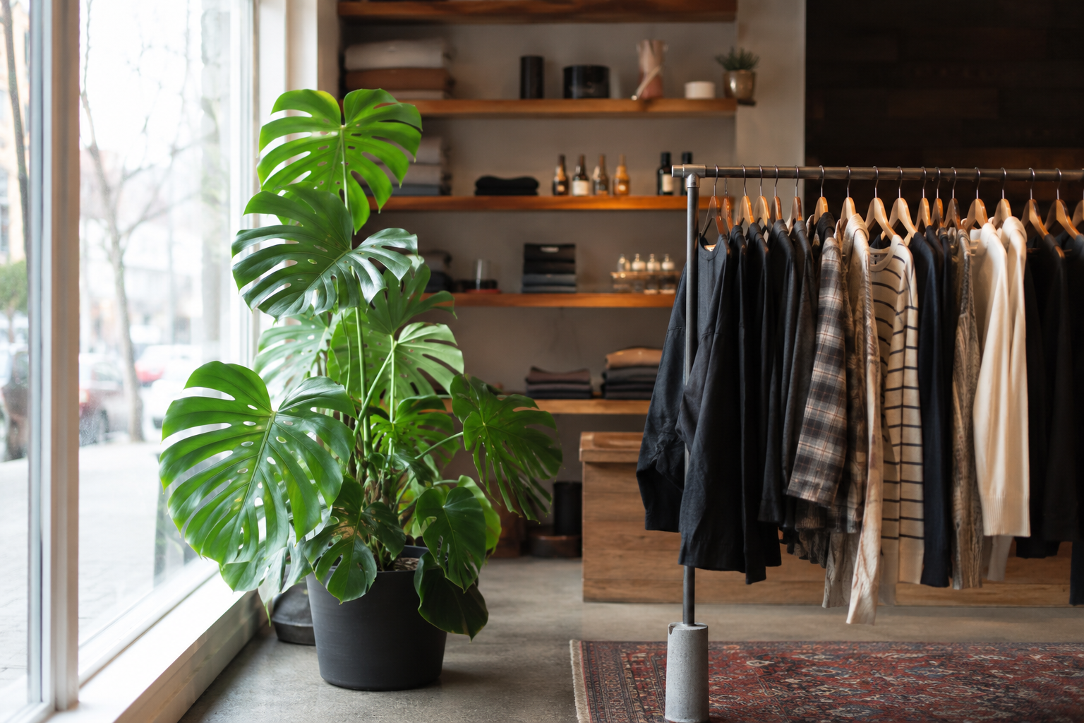 Large monstera plant next to a clothing rack in a sunlit Missoula boutique with wood shelving