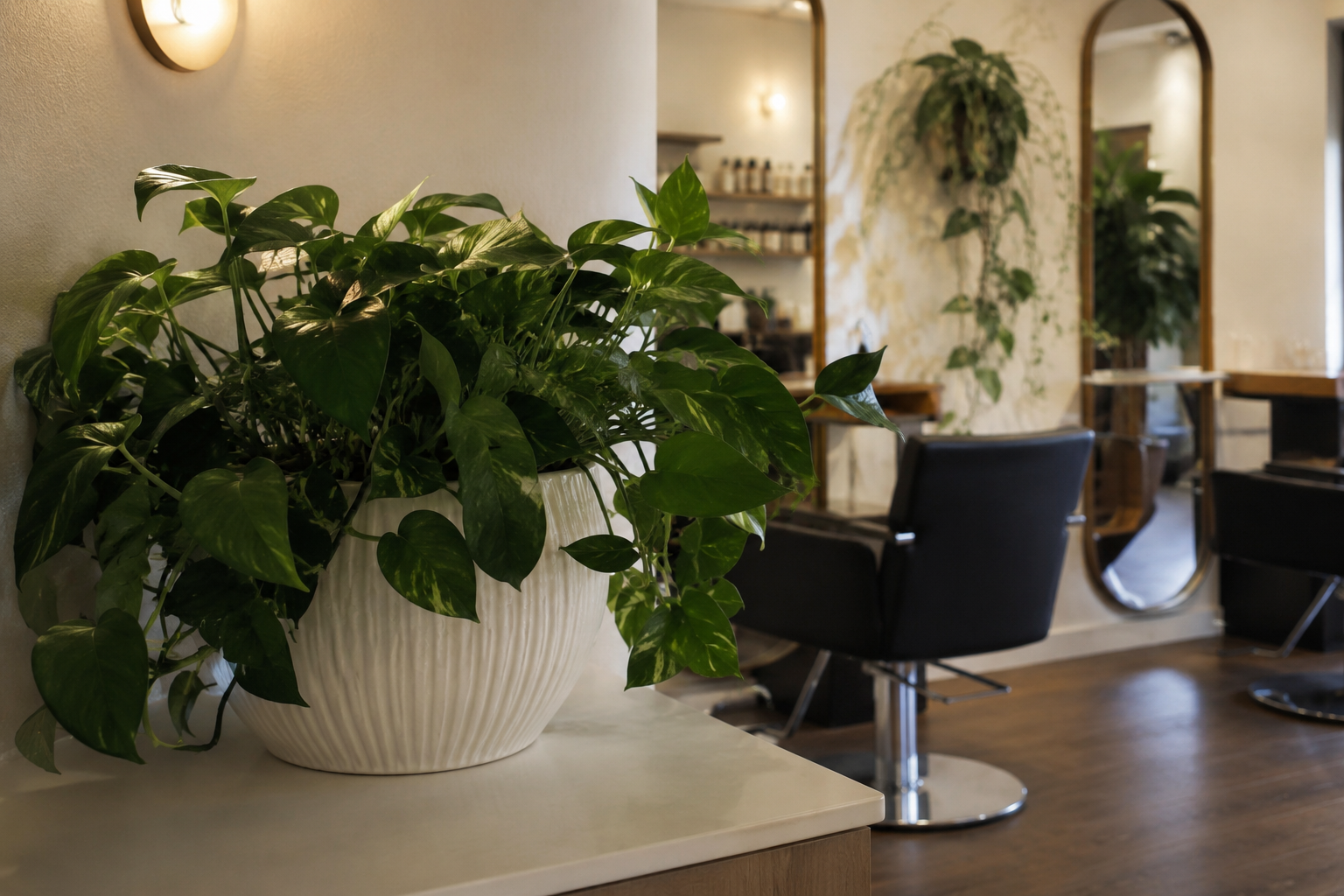 Lush pothos plant in a white ceramic pot beside styling chairs in a Missoula hair salon with mirrors in the background