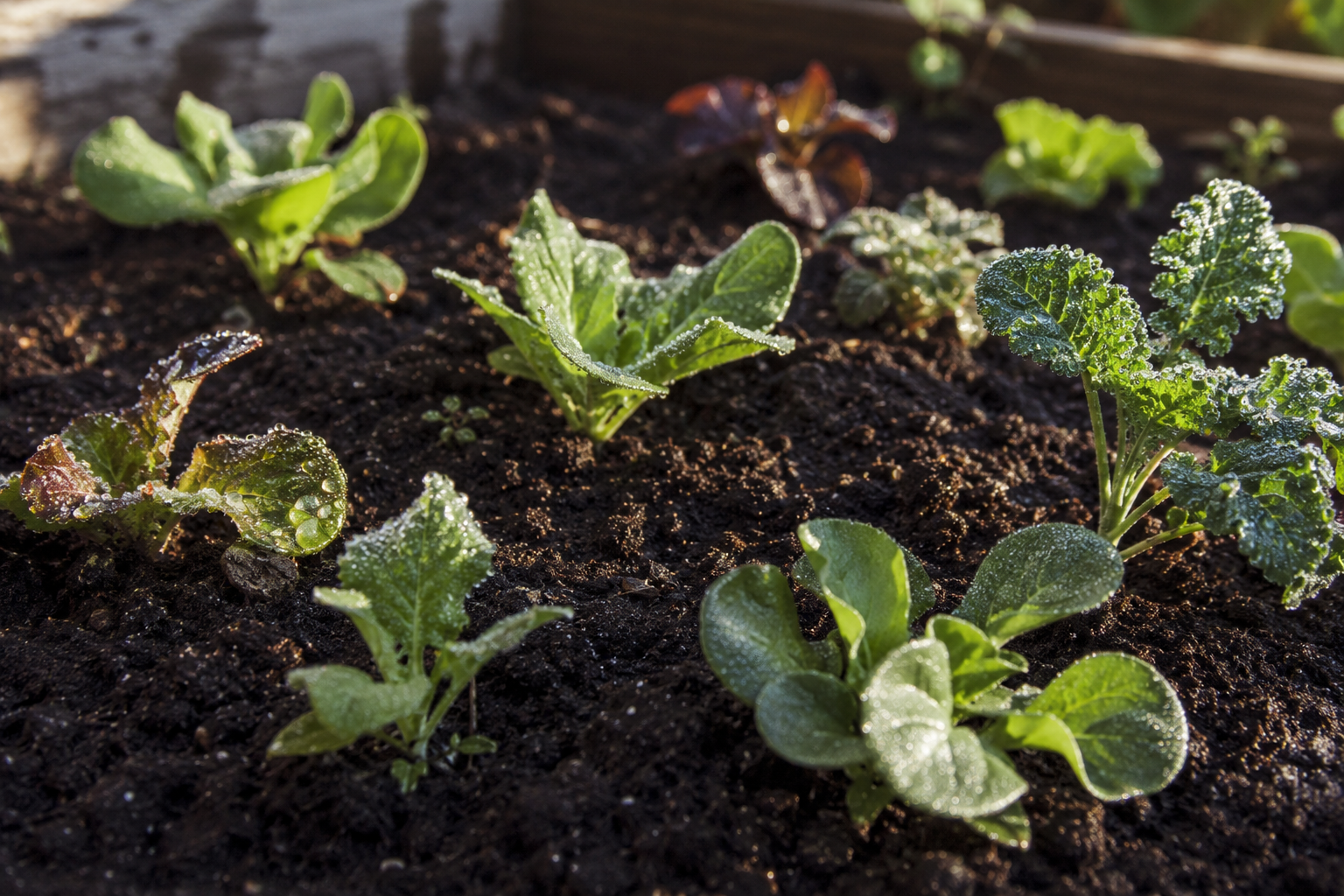 Cool-season vegetable seedlings with light frost on the leaves in a raised garden bed in early spring