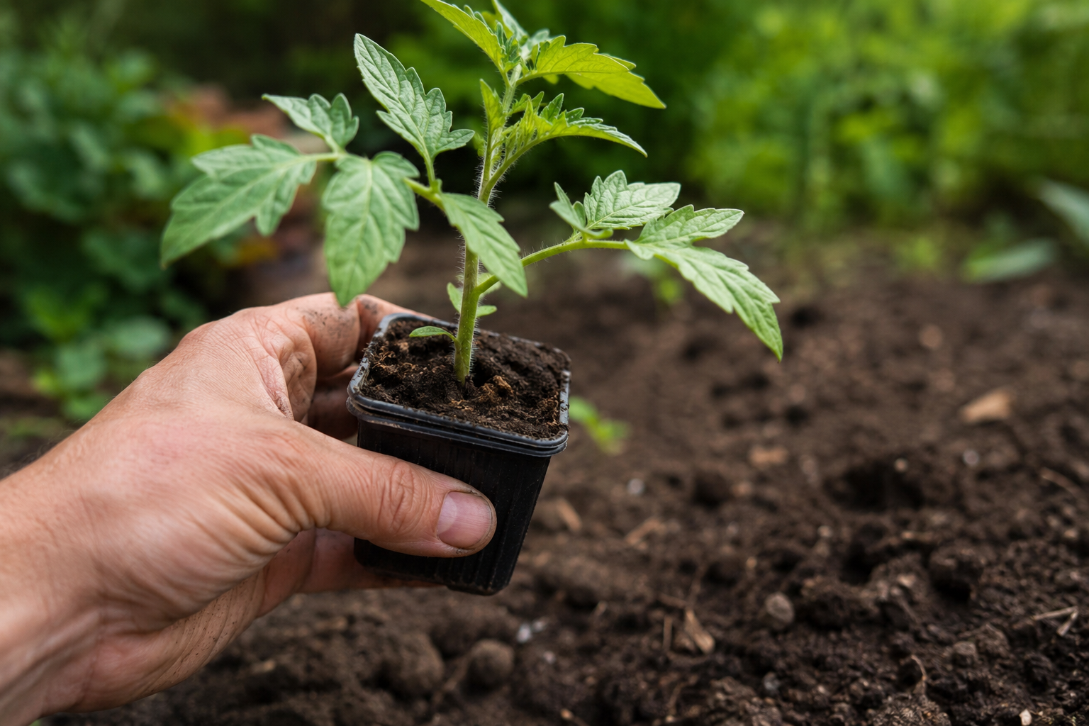 Hand holding a tomato seedling in a nursery pot above dark garden soil ready for transplanting