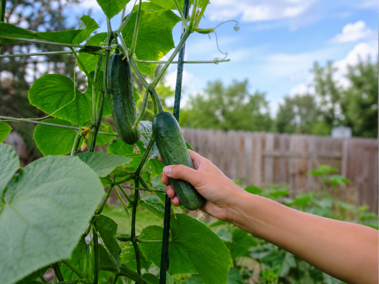 A hand picking a fresh slicing cucumber from a healthy vine on a trellis in a Montana garden