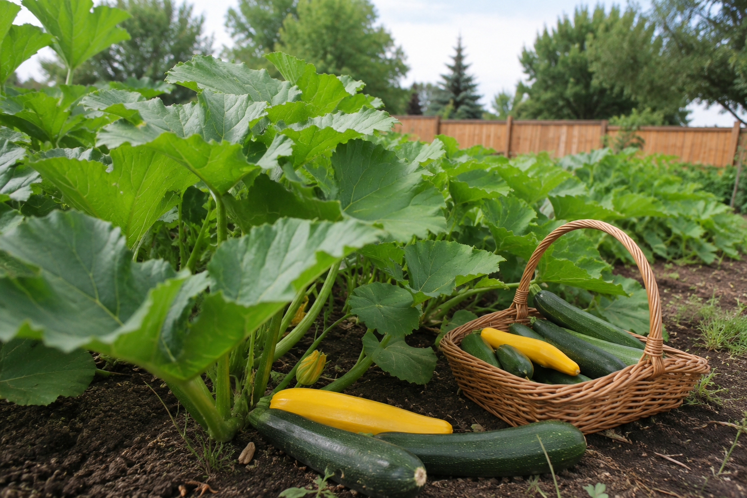 Zucchini plants and a basket of freshly picked green and yellow summer squash in a Missoula garden