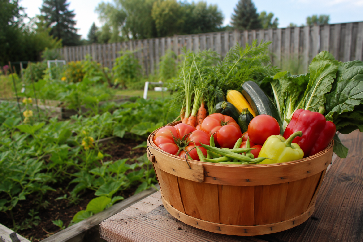 A wooden basket full of freshly harvested tomatoes, peppers, zucchini, carrots, and greens from a Missoula vegetable garden