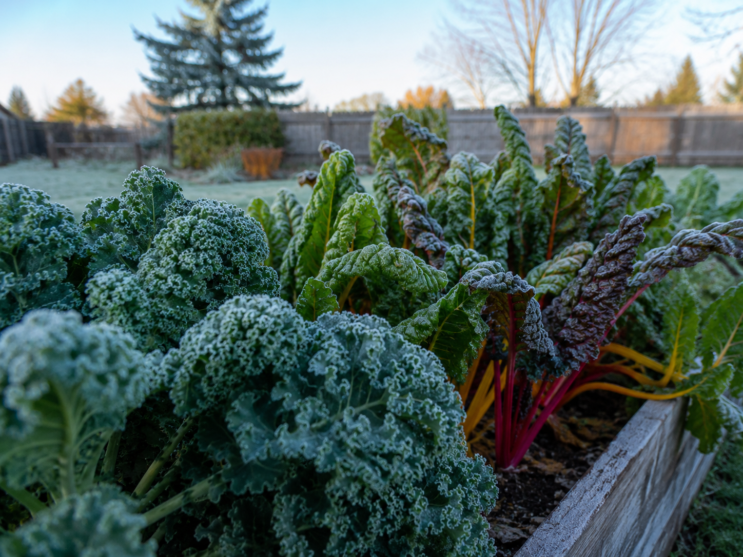 Frost-covered kale and Swiss chard growing in a raised garden bed in a Missoula fall garden
