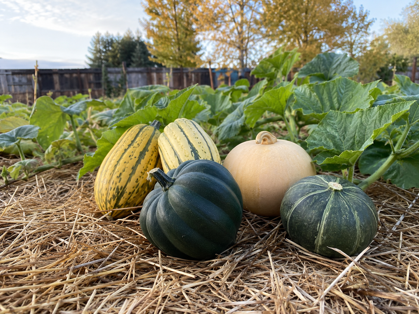 Ripe acorn, delicata, and buttercup winter squash resting on straw in a Montana garden with vines behind