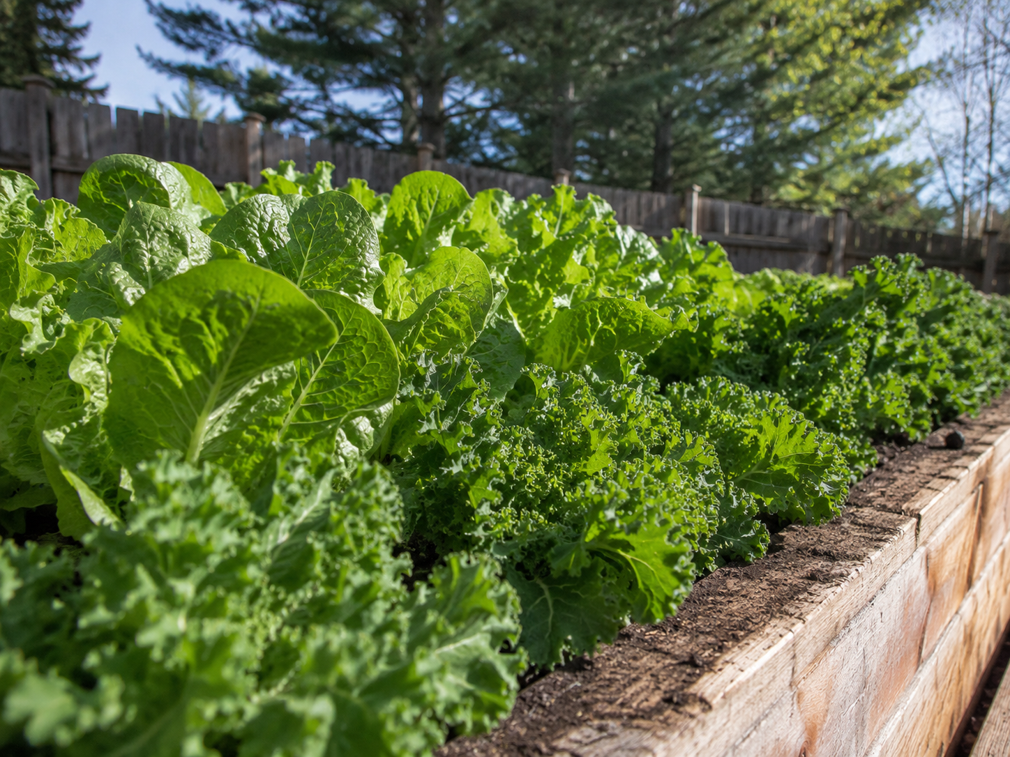 Healthy loose-leaf lettuce, romaine, and kale growing in a raised garden bed in Missoula, Montana