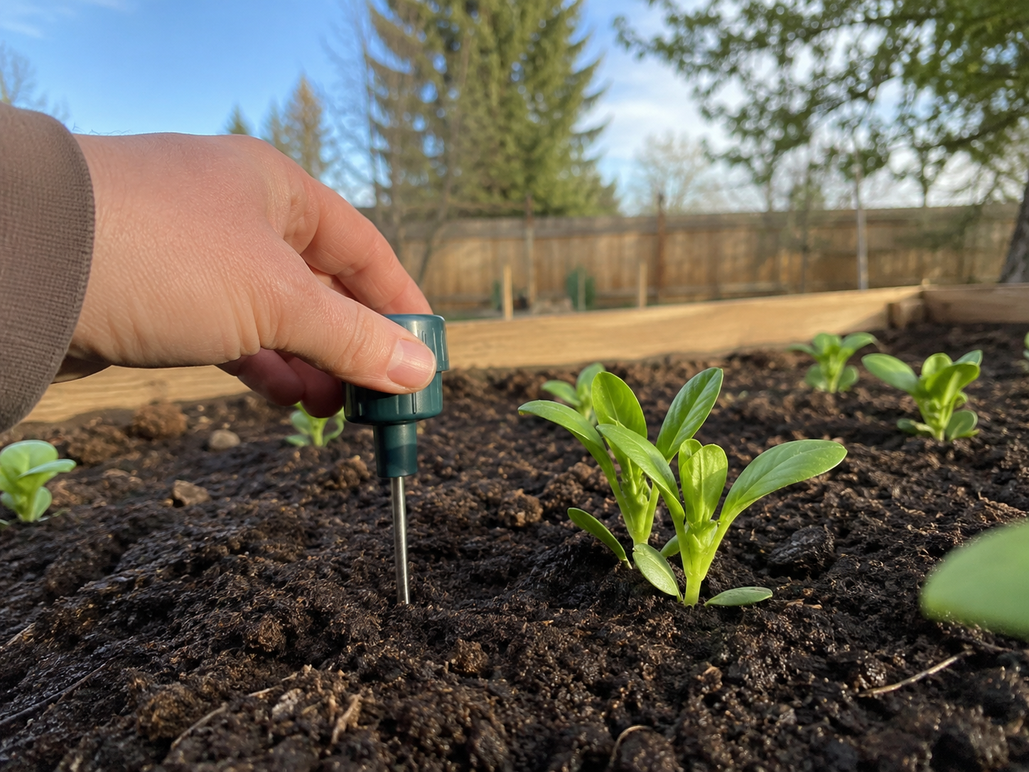 A hand pushing a soil thermometer into a raised garden bed with young seedlings in a Missoula spring garden