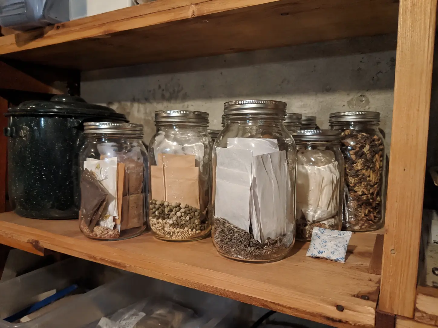 Glass mason jars holding seed packets and dried seeds on a shelf for cool dry winter storage