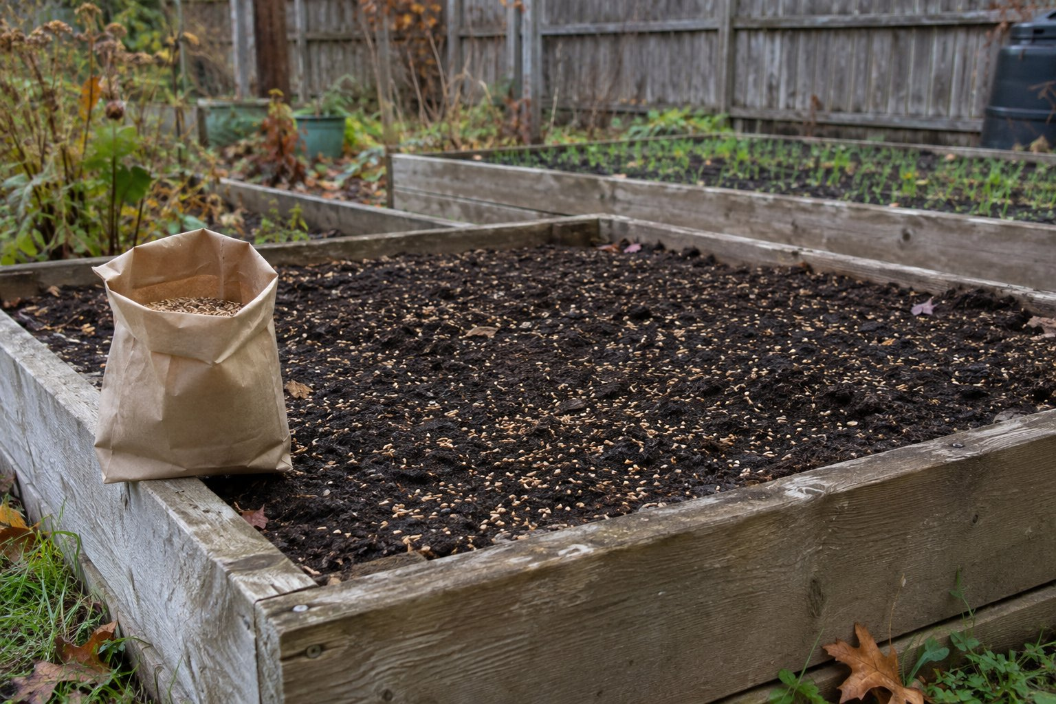 Small grain cover crop seed broadcast across a cleared raised garden bed with an open paper sack of seed on the bed frame