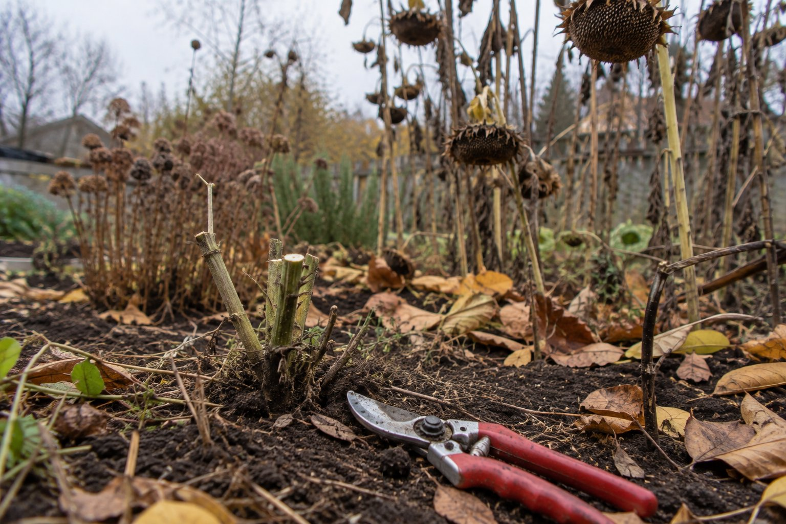 Bypass pruners resting on the soil beside a cut tomato stem, with dried sunflower seed heads left standing behind