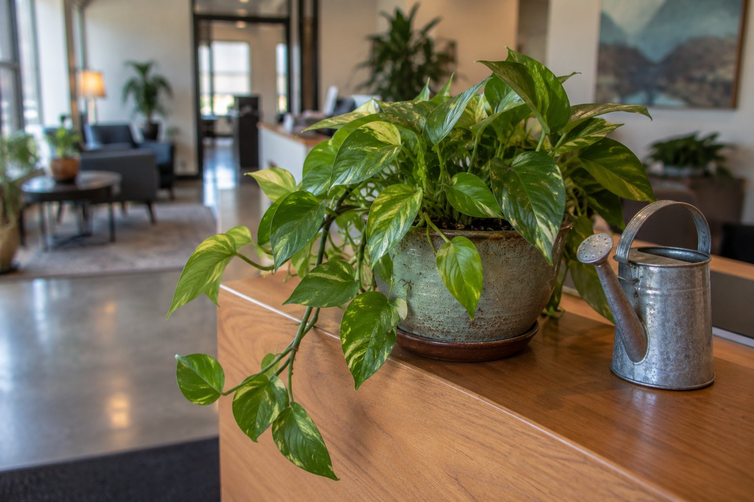 A potted pothos on a reception desk beside a small metal watering can, soil surface dry on top