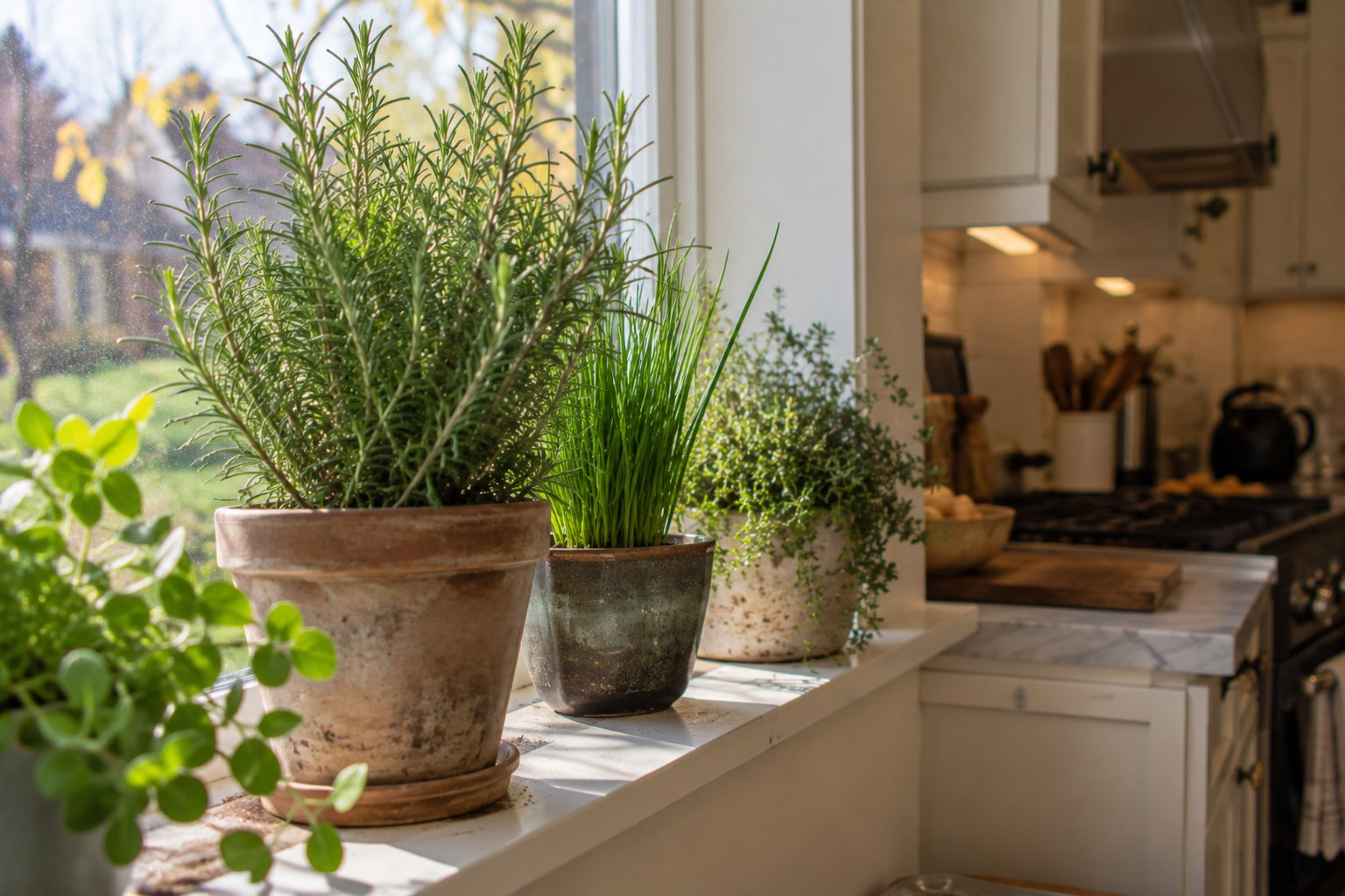 Potted rosemary, chives and thyme on a bright kitchen windowsill in fall daylight