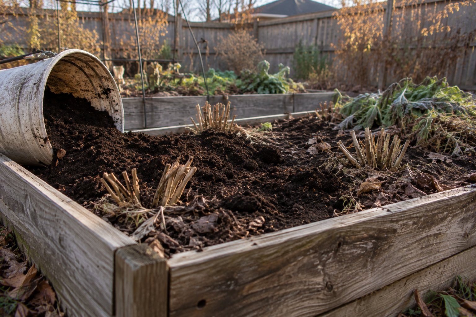 A weathered wooden raised bed half covered in dark compost with cut plant stubble still standing at soil level
