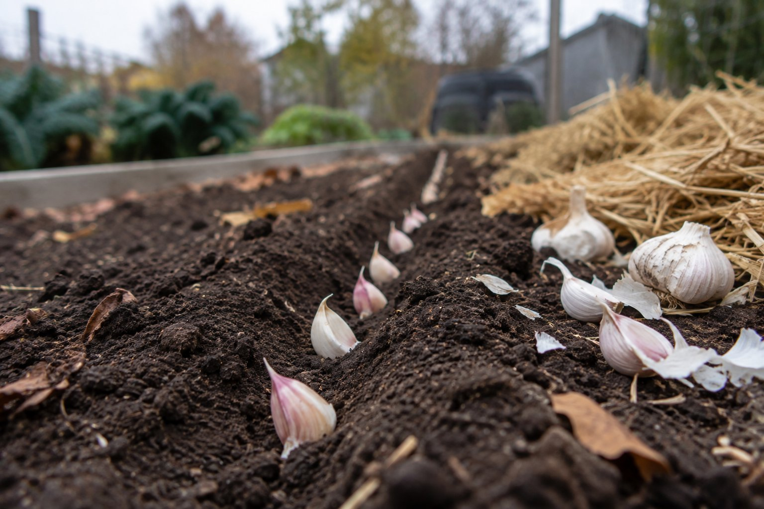Garlic cloves set pointed end up in a shallow furrow of dark garden soil with straw mulch at the edge of the bed