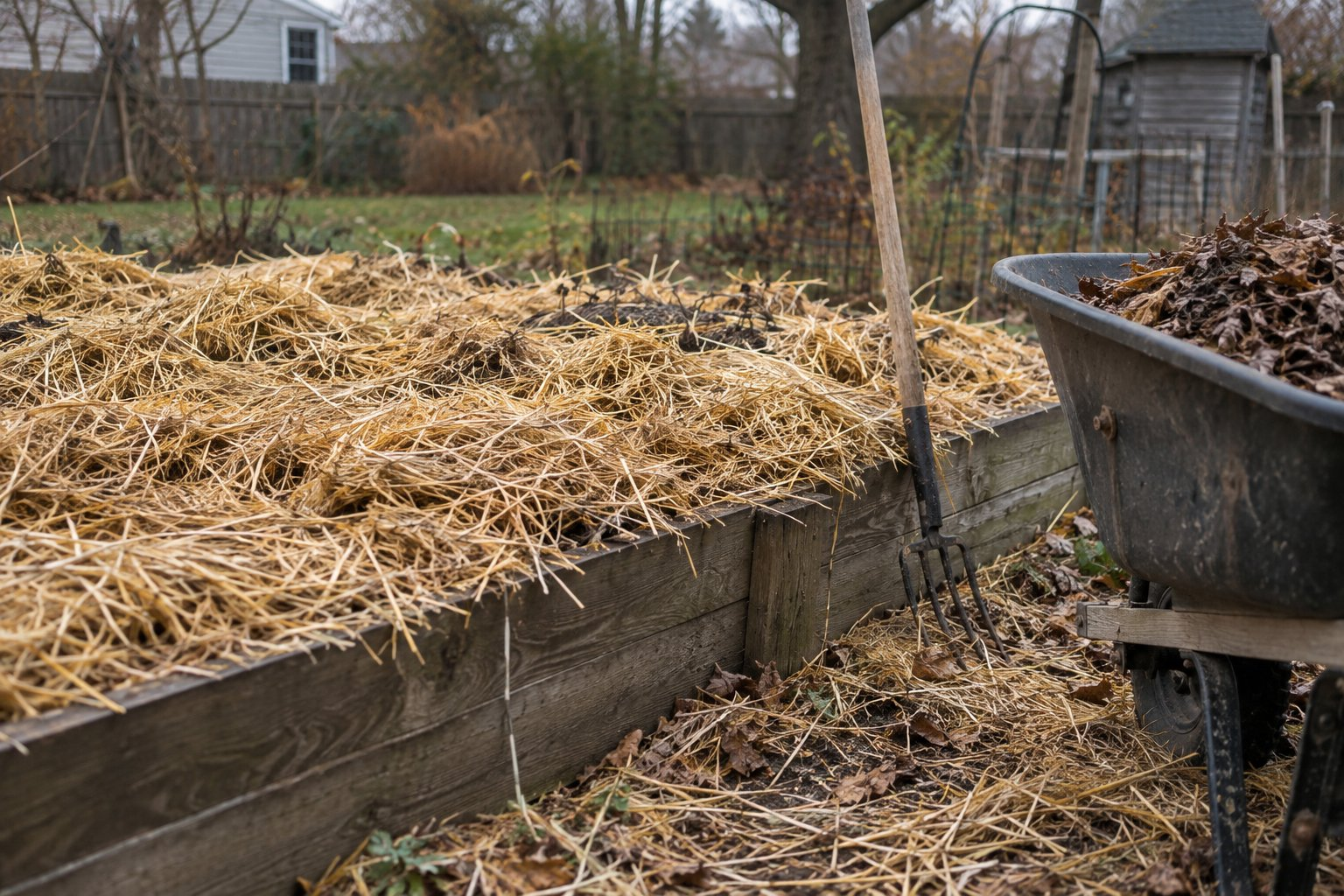 Straw mulch spread thickly over a garden bed for winter with a wheelbarrow of shredded leaves at the edge